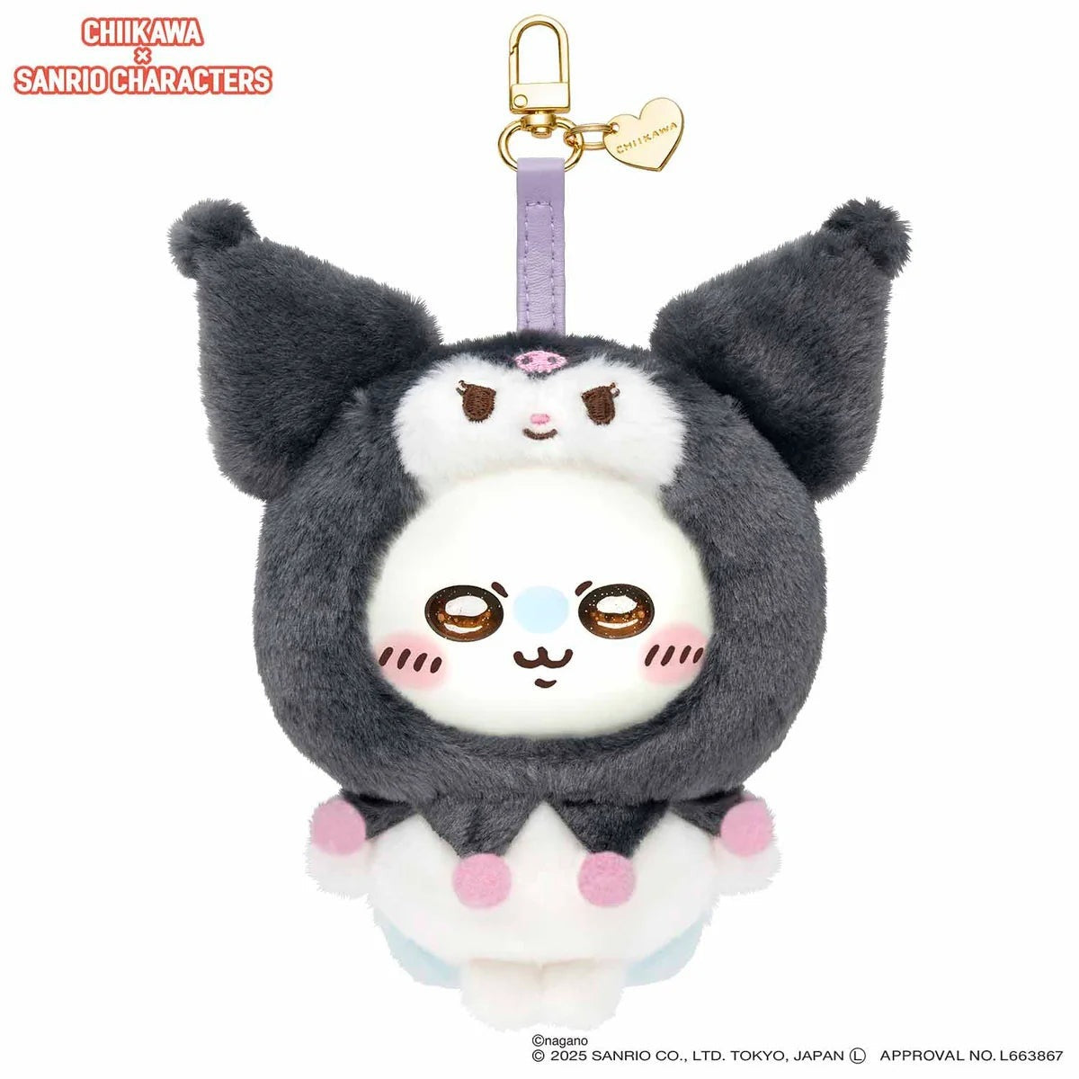 Official Chiikawa x Sanrio Characters Kiramekko plush keychain featuring Momonga wearing a black Kuromi costume with pink accents and a gold carabiner.
