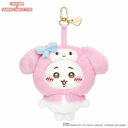 Official Chiikawa x Sanrio Characters Kiramekko plush keychain featuring Chiikawa wearing a pink My Melody costume with a gold heart charm and carabiner.