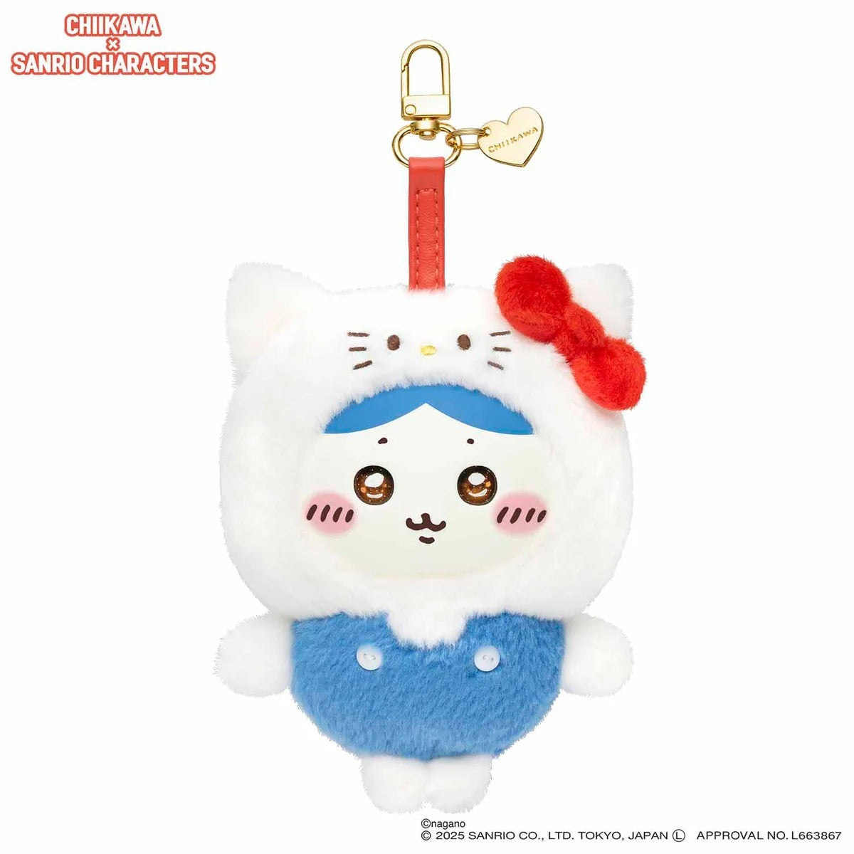 Official Chiikawa x Sanrio Characters Kiramekko plush keychain featuring Hachiware wearing a white Hello Kitty costume with a red bow and a gold heart charm.