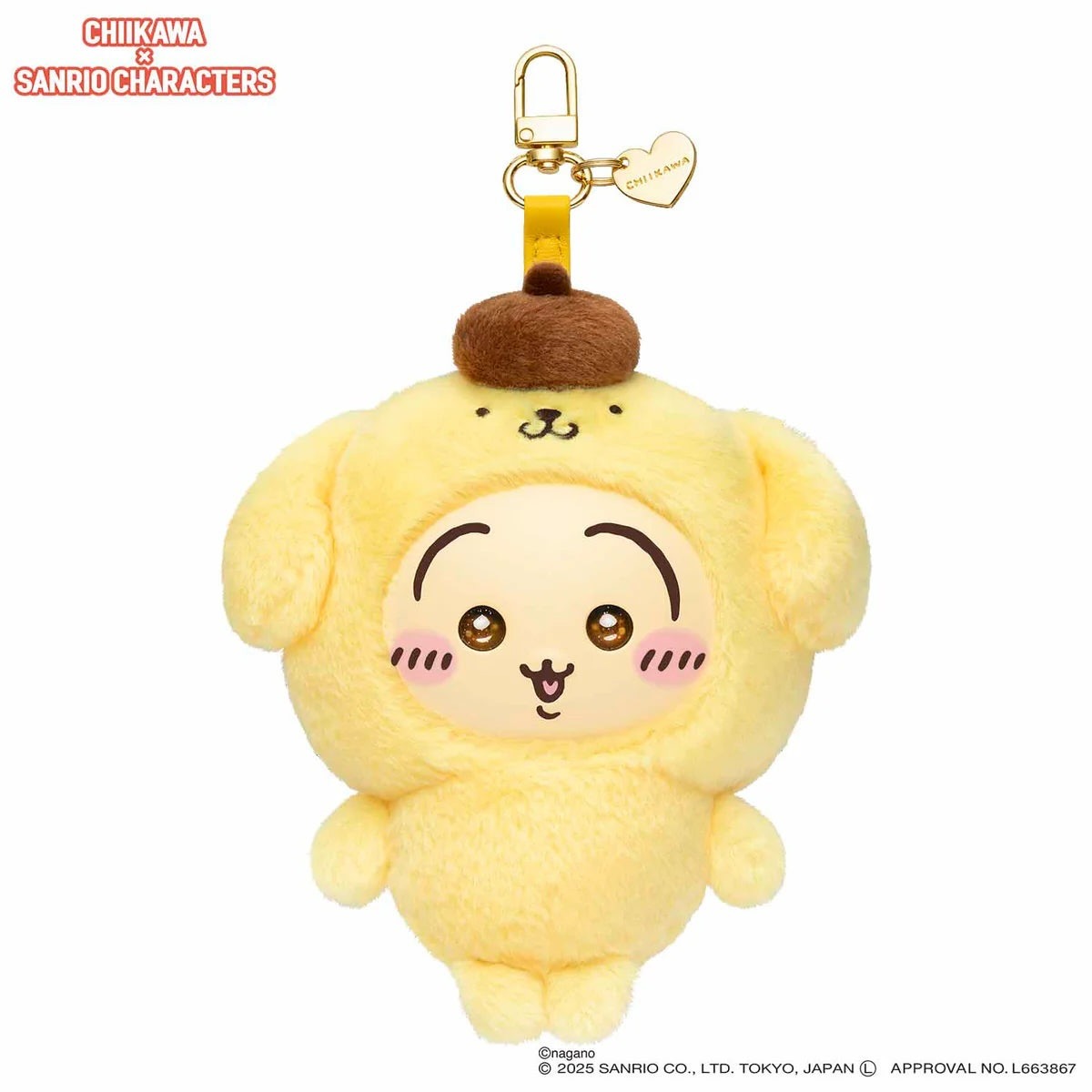 Official Chiikawa x Sanrio Characters Kiramekko plush keychain featuring Usagi wearing a yellow Pompompurin costume with a brown beret and a gold carabiner.