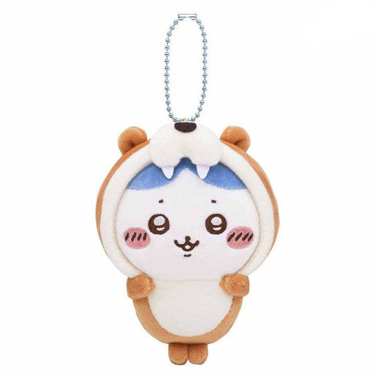 Chiikawa Aquarium Hachiware plush mascot wearing a brown sea otter costume with a ball chain.