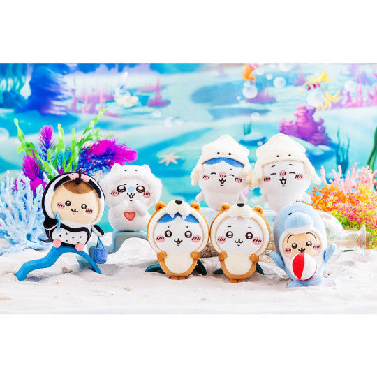 Momonga Clione plush mascot shown alongside other Chiikawa Aquarium characters like Hachiware and Usagi.
