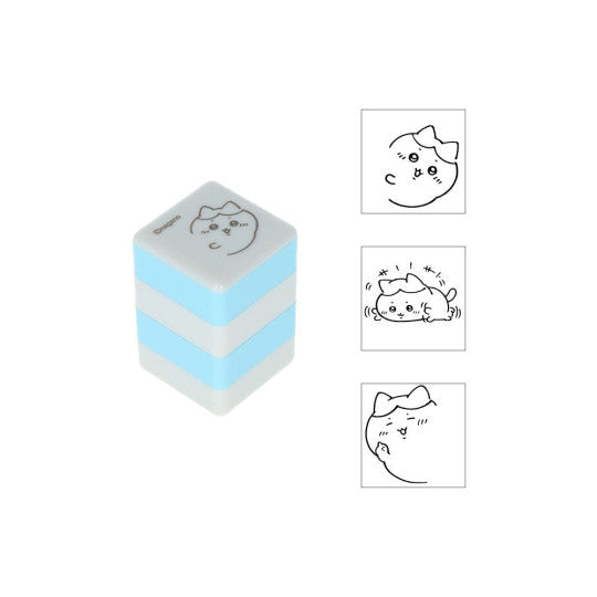 Chiikawa Pyokkori Stamp — pink cube stamp with Chiikawa character, 3 poses, dark gray oil-based ink, guide rail included, official Sun-star stationery