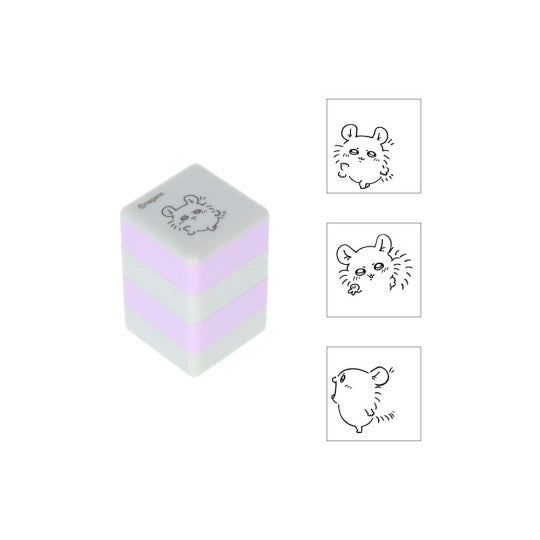 Chiikawa Pyokkori Stamp — pink cube stamp with Chiikawa character, 3 poses, dark gray oil-based ink, guide rail included, official Sun-star stationery