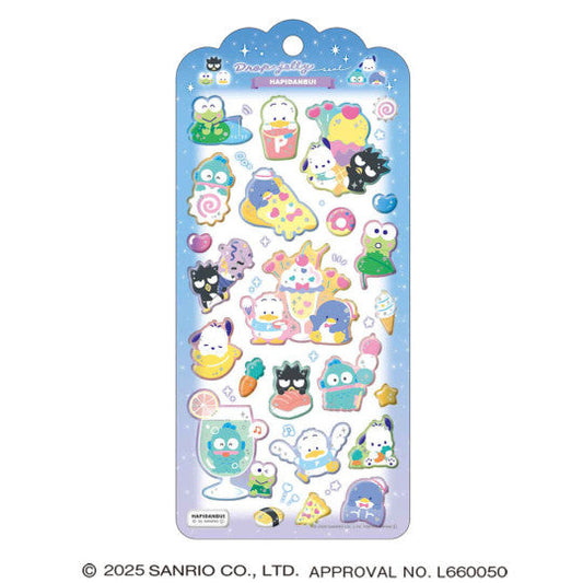 Sanrio Usahana Drop Jelly holographic epoxy sticker sheet — puffy glittery stickers featuring Usahana bunny with hearts and flowers in rainbow colors, official Crux Japan kawaii gift