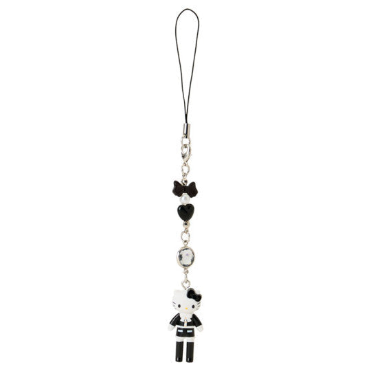 Hello Kitty Sanrio Closet Collection Tweed Style phone strap — monochrome Hello Kitty figure in black tuxedo with bow, heart and crystal bead chain, official Sanrio removable charm