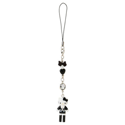 Hello Kitty Sanrio Closet Collection Tweed Style phone strap — monochrome Hello Kitty figure in black tuxedo with bow, heart and crystal bead chain, official Sanrio removable charm