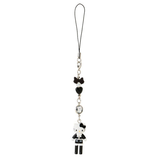 Hello Kitty Sanrio Closet Collection Tweed Style phone strap — monochrome Hello Kitty figure in black tuxedo with bow, heart and crystal bead chain, official Sanrio removable charm