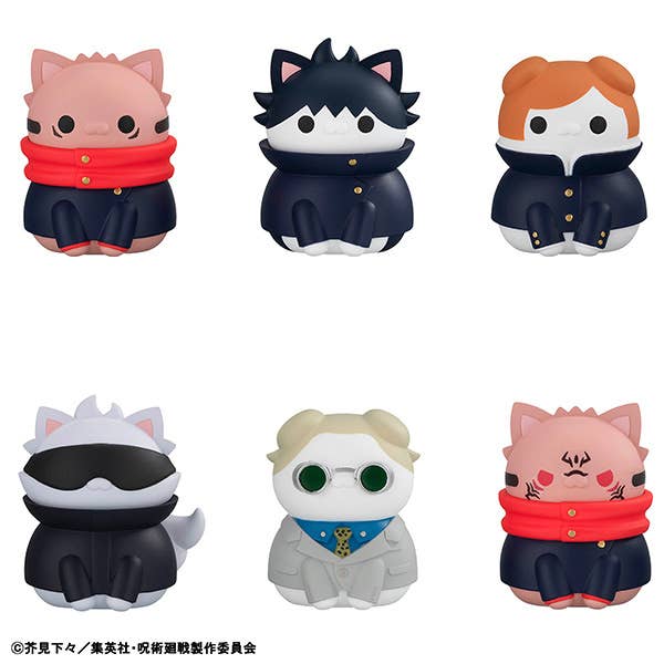 Set of six cat-like figurines with different hairstyles and clothing on a white background