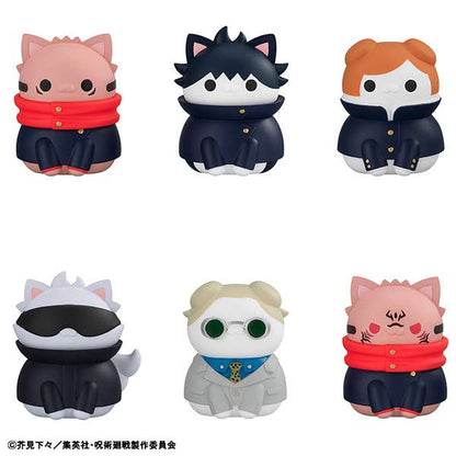 Set of six cat-like figurines with different hairstyles and clothing on a white background