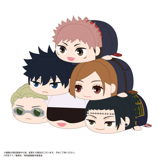 Jujutsu Kaisen Potekoro Mascot 2 plush set — 6 chibi round mascots featuring Itadori, Fushiguro, Kugisaki, Nanami, Gojo with blindfold, and Geto stacked together