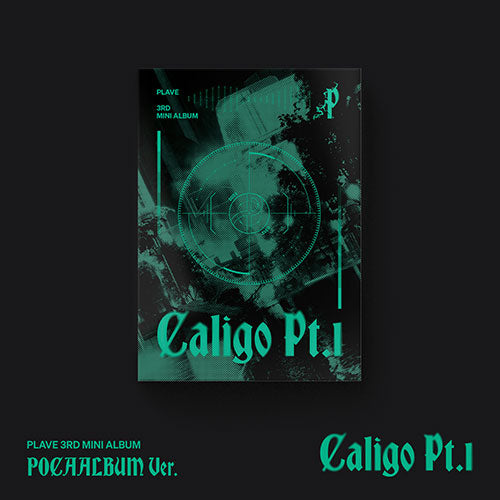 PLAVE 3rd Mini Album Caligo Pt.1 POCAALBUM Version packaging featuring a dark blue and silver mist-themed envelope with member cards.