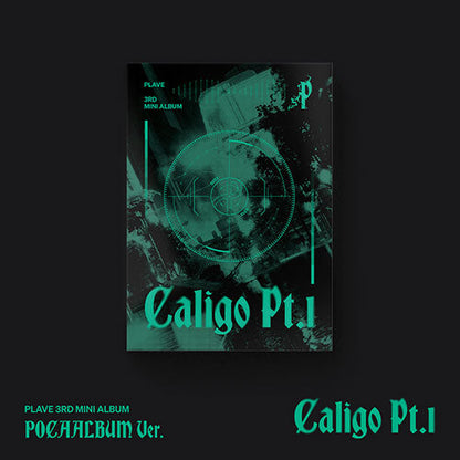 PLAVE 3rd Mini Album Caligo Pt.1 POCAALBUM Version packaging featuring a dark blue and silver mist-themed envelope with member cards.