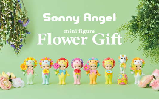 Dreams Sonny Angel Flower Gift Series mini figures featuring six different colored lion-hooded angels holding flowers and one special Robby Angel figure on a light green floral background.