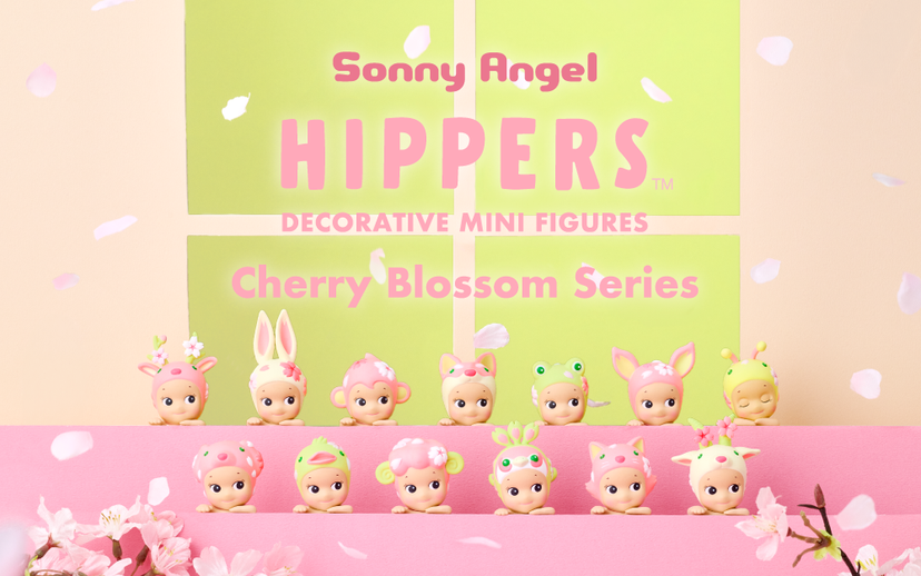 Sonny Angel Hippers Cherry Blossom Series blind box — 12 pink and green sakura-themed decorative mini figures with self-adhesive backing, official spring 2026 collectible