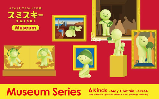Dreams SMISKI Museum Series mini figures inspired by famous artworks, including interpretations of 'The Persistence of Memory' and 'Girl with a Pearl Earring' on a bright red background.