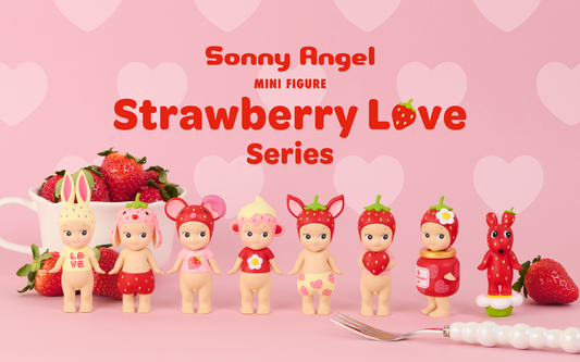 Official Dreams Sonny Angel Strawberry Love Series figures showing various animal-themed angels in red and pink strawberry costumes holding hearts
