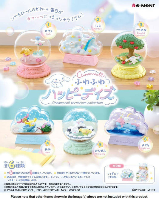 Re-Ment Cinnamoroll Terrarium Collection Fluffy Happy Days — 6 terrarium diorama designs including Cafe, Rainbow, Dappled Sunlight, Rain, Hot Spring and Night Sky