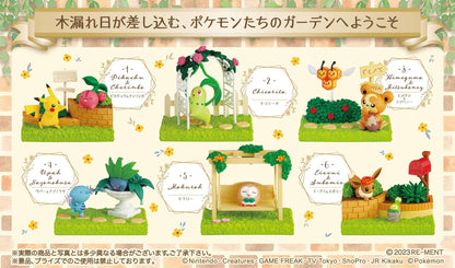 Re-Ment Pokémon Garden Afternoon of Sunshine blind box figures — 6 garden diorama designs featuring Pikachu, Chikorita, Rowlet, Eevee and more in a connectable garden setting