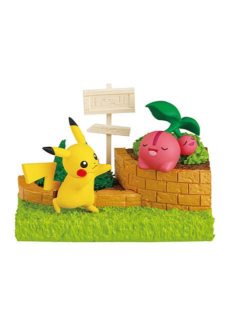 Re-Ment Pokémon Garden Afternoon of Sunshine blind box figures — 6 garden diorama designs featuring Pikachu, Chikorita, Rowlet, Eevee and more in a connectable garden setting