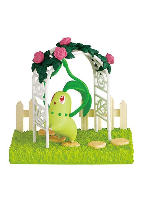 Re-Ment Pokémon Garden Afternoon of Sunshine blind box figures — 6 garden diorama designs featuring Pikachu, Chikorita, Rowlet, Eevee and more in a connectable garden setting