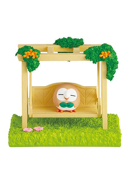 Re-Ment Pokémon Garden Afternoon of Sunshine blind box figures — 6 garden diorama designs featuring Pikachu, Chikorita, Rowlet, Eevee and more in a connectable garden setting