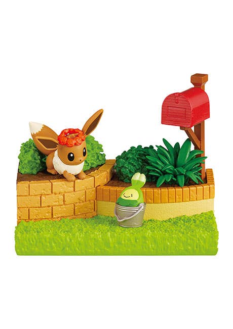 Re-Ment Pokémon Garden Afternoon of Sunshine blind box figures — 6 garden diorama designs featuring Pikachu, Chikorita, Rowlet, Eevee and more in a connectable garden setting