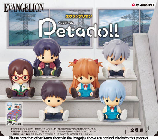 Full set of 6 Re-Ment Evangelion Petado!! figures featuring Shinji, Rei, Asuka, Kaworu, Mari, and Misato sitting on a staircase.