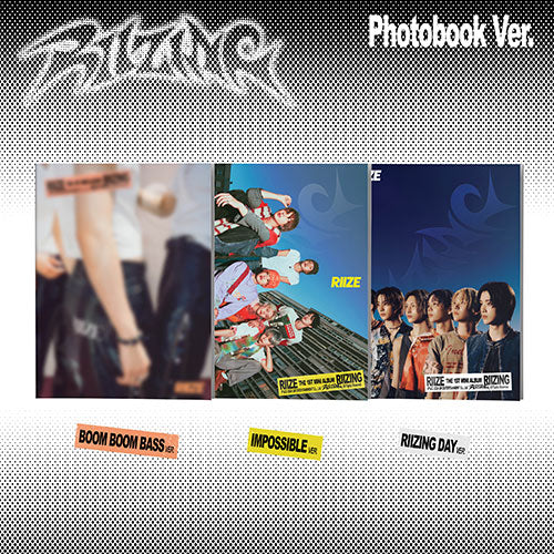 RIIZE 1st Mini Album RIIZING Photobook Version showing the Boom Boom Bass (Orange), Impossible (Yellow), and RIIZING DAY (White) covers with all members.