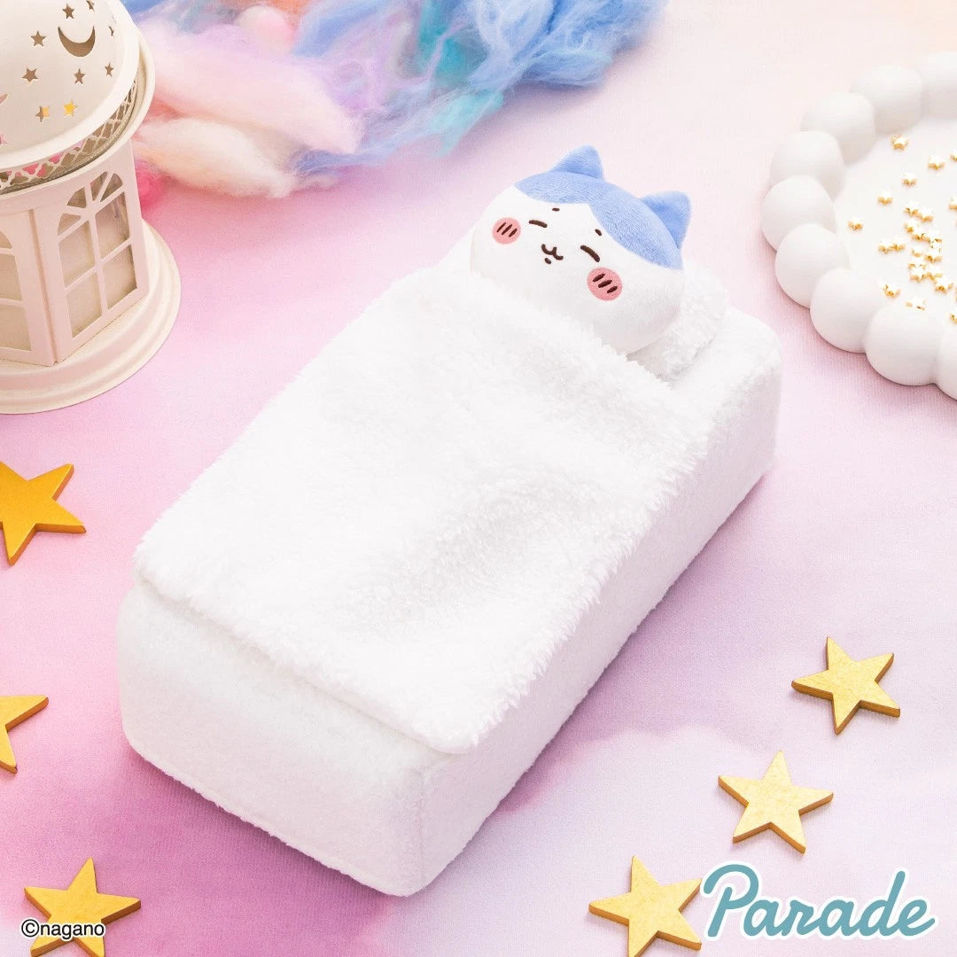 Chiikawa Parade futon plush tissue case — Hachiware character sleeping in white fluffy blanket, approx. 24cm, official Chiikawa home décor collectible