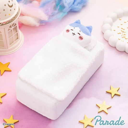 Chiikawa Parade futon plush tissue case — Hachiware character sleeping in white fluffy blanket, approx. 24cm, official Chiikawa home décor collectible