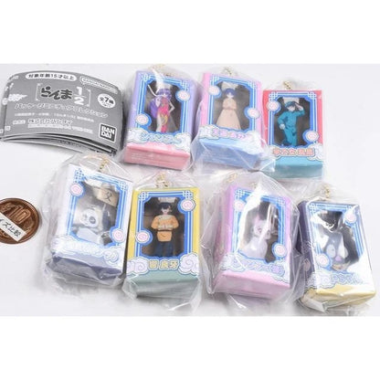 Bandai Ranma 1/2 Package Miniature Collection featuring 7 different acrylic mascots of Ranma, Akane, Shampoo, Genma Panda, Ryoga, Cat Shampoo, and P-chan in retro-style packaging.