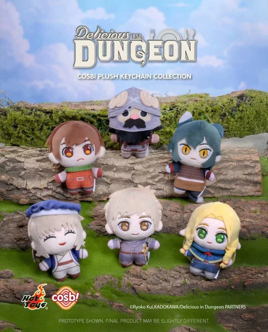 Hot Toys Delicious in Dungeon Cosbi plush keychain collection featuring Laios with a walking mushroom charm and Marcille with a familiar charm on a bag.