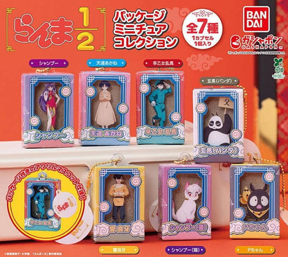 Bandai Ranma 1/2 Package Miniature Collection featuring 7 different acrylic mascots of Ranma, Akane, Shampoo, Genma Panda, Ryoga, Cat Shampoo, and P-chan in retro-style packaging.