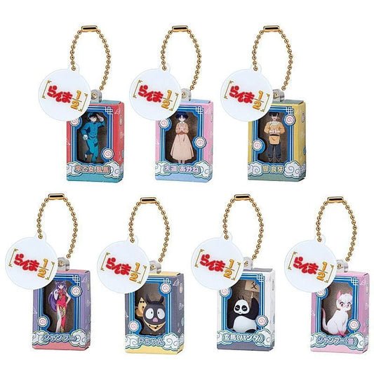 Bandai Ranma 1/2 Package Miniature Collection featuring 7 different acrylic mascots of Ranma, Akane, Shampoo, Genma Panda, Ryoga, Cat Shampoo, and P-chan in retro-style packaging.