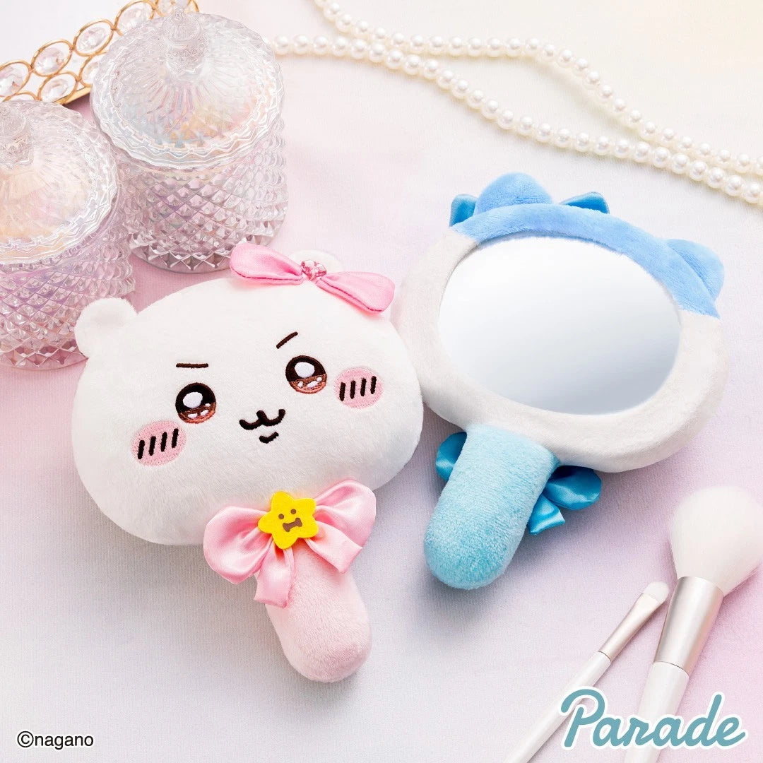 Chiikawa Super Magical plush mirror collectibles by Parade — 4 pastel designs featuring Chiikawa, Hachiware and Usagi with flower and ribbon decorations