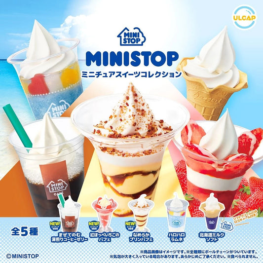 MINISTOP Miniature Sweets Collection — realistic dessert mini figures featuring parfaits, soft serve cones, and drinks inspired by MINISTOP’s popular sweets lineup.