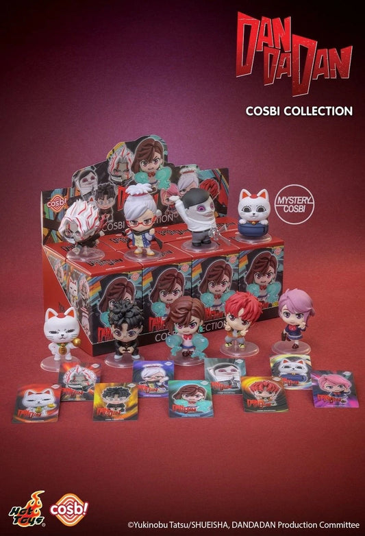 Hot Toys Cosbi Collection — Dandadan Crybaby series featuring miniature chibi-style figures including Momo, Okarun, and mystery Cosbi in blind box.
