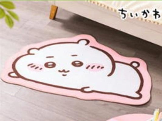 Chiikawa Parade lying down rug mat — 4 designs featuring Chiikawa (pink), Hachiware (blue), Usagi (yellow) and Momonga (purple), approx. 100cm with non-slip backing