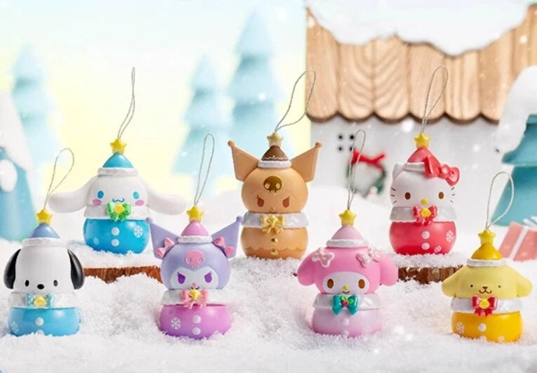 TOP TOY Sanrio Characters Winter Water Sound Bell Ornament Blind Box. Features Hello Kitty, Kuromi, My Melody, Cinnamoroll, and Pompompurin in snow globe-style bell ornaments.