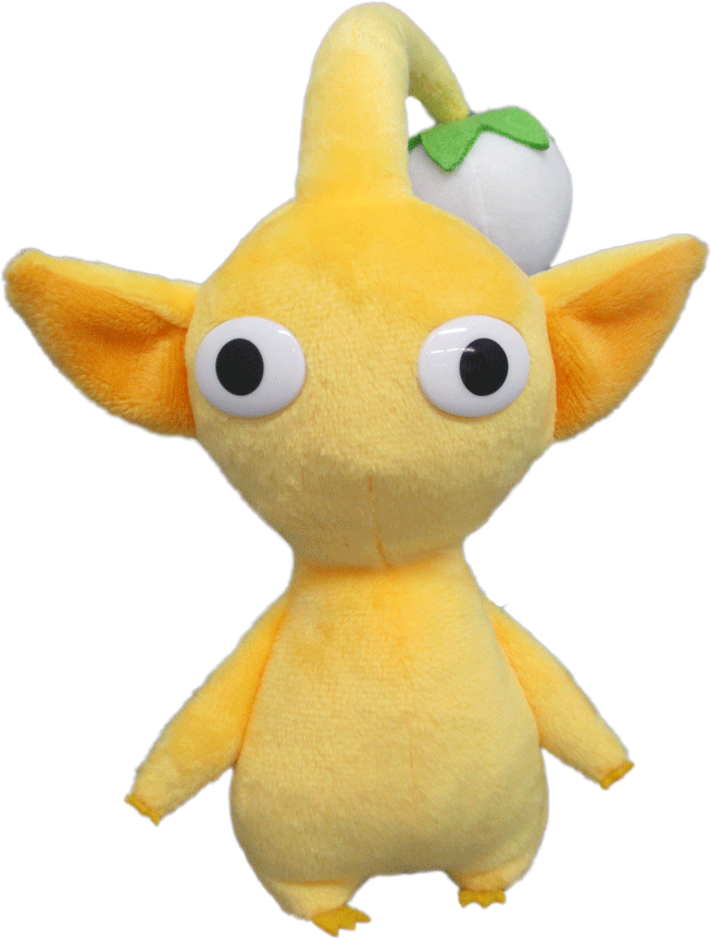 San-ei Yellow Pikmin All Star Collection plush toy — 17cm yellow Pikmin with large ears and white bud stem, soft minky fabric, official Nintendo licensed collectible