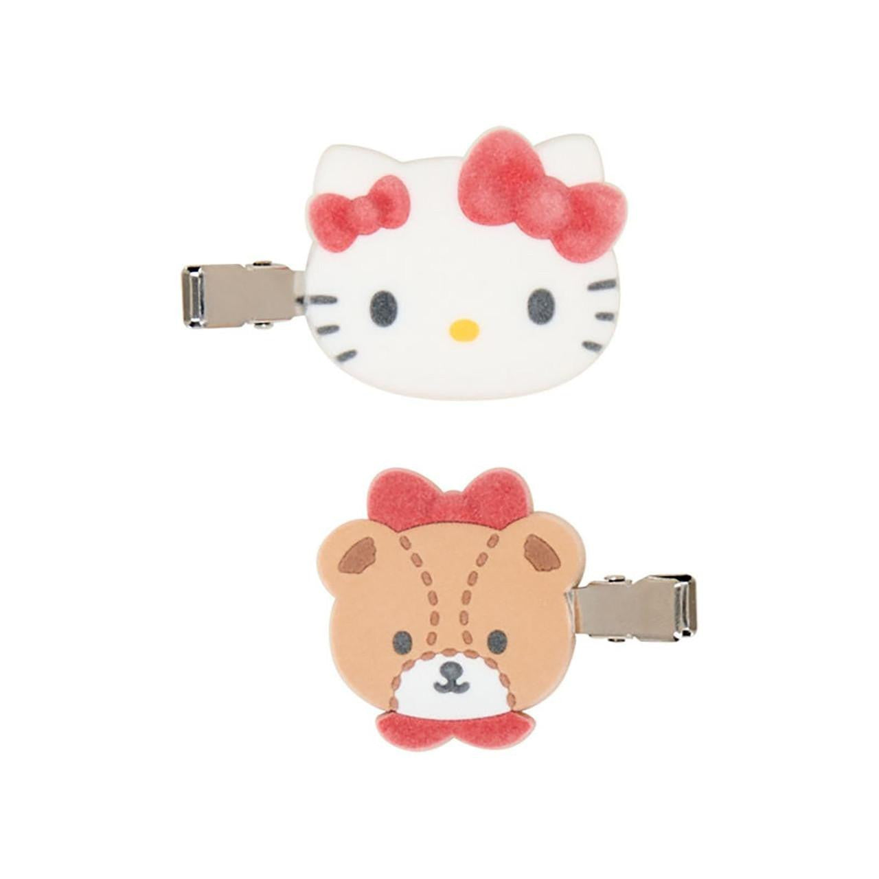 Hello Kitty Flock Bangs Clip set of 2 — soft flocked velvet texture Hello Kitty hair clip left and right facing, official Sanrio Japan kawaii beauty accessory