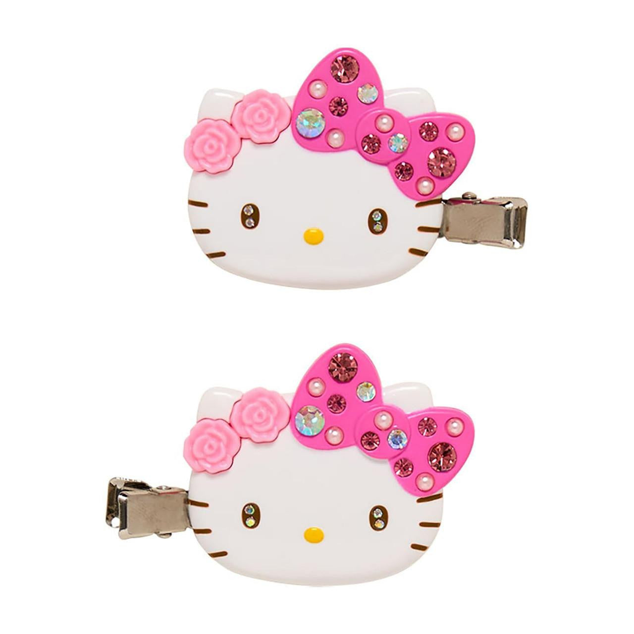 Hello Kitty Bangs Clip Deluxe Pink set of 2 — rhinestone bow ABS resin hair clip left and right facing, official Sanrio Japan kawaii hair accessory