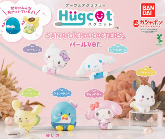 Bandai Hugcot Sanrio Characters Pearl Ver. — adorable cable accessory figures featuring Hello Kitty, My Melody, Cinnamoroll, Pompompurin, and more in pastel pearl finish.