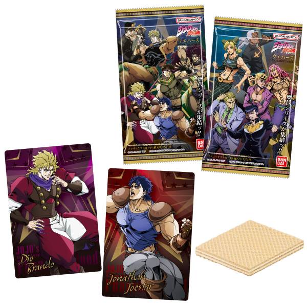 JoJo's Bizarre Adventure The Animation Special II wafer blind packs showing Dio Brando and Jonathan Joestar metallic cards, official Bandai candy toy, 34 card types