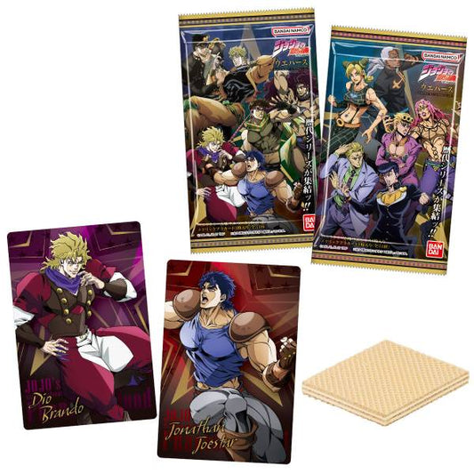 JoJo's Bizarre Adventure The Animation Special II wafer blind packs showing Dio Brando and Jonathan Joestar metallic cards, official Bandai candy toy, 34 card types