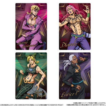 JoJo's Bizarre Adventure The Animation Special II wafer blind packs showing Dio Brando and Jonathan Joestar metallic cards, official Bandai candy toy, 34 card types