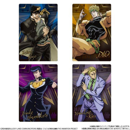 JoJo's Bizarre Adventure The Animation Special II wafer blind packs showing Dio Brando and Jonathan Joestar metallic cards, official Bandai candy toy, 34 card types