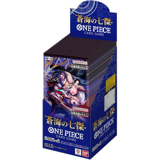 Bandai Namco One Piece Card Game OP-14 booster pack for The Seven Heroes Of The Blue Sea featuring art of Dracule Mihawk, Crocodile, and Boa Hancock on a dark blue background.
