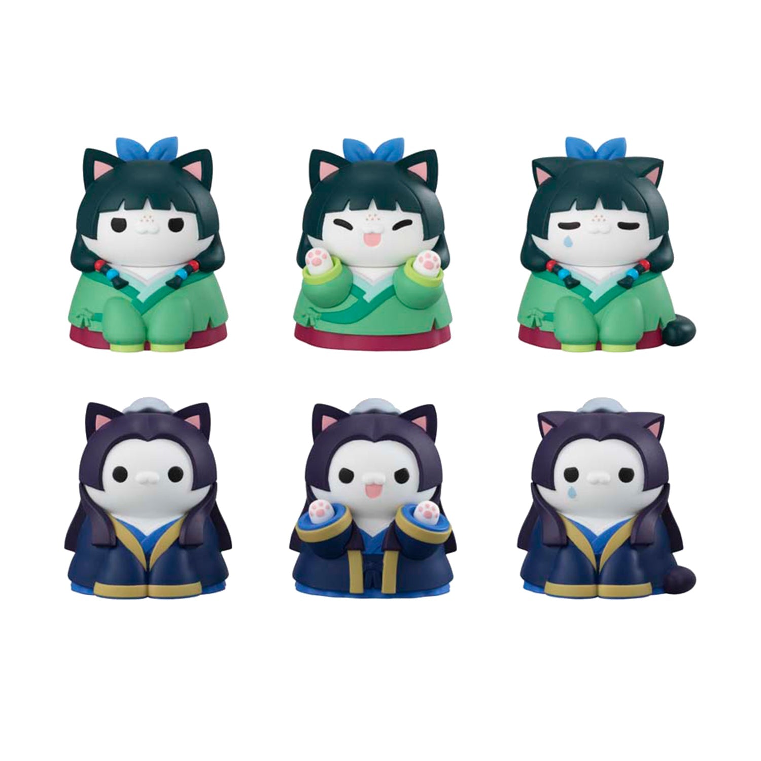 Bandai MegaHouse The Apothecary Diaries Imperial Court Cat collectible figurines set. Adorable cat-themed characters inspired by the hit series ‘The Apothecary Diaries,’ featuring detailed kimono designs and expressive faces. Perfect for anime fans and gachapon collectors looking for rare and authentic Japanese figures